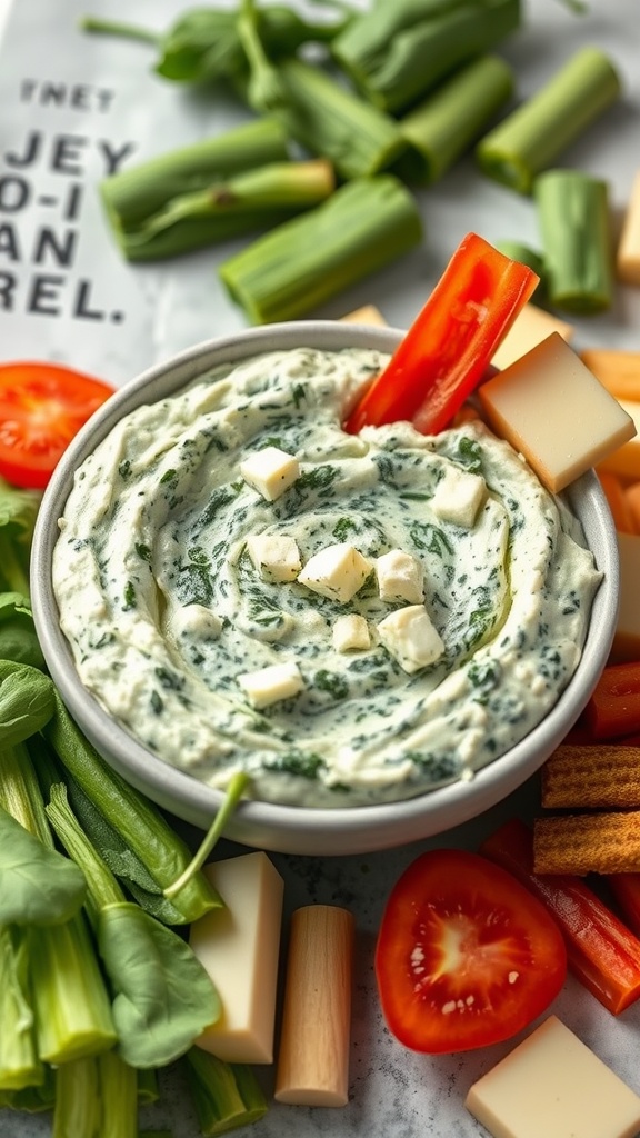 Creamy spinach and feta dip served with fresh vegetables and cheese cubes.