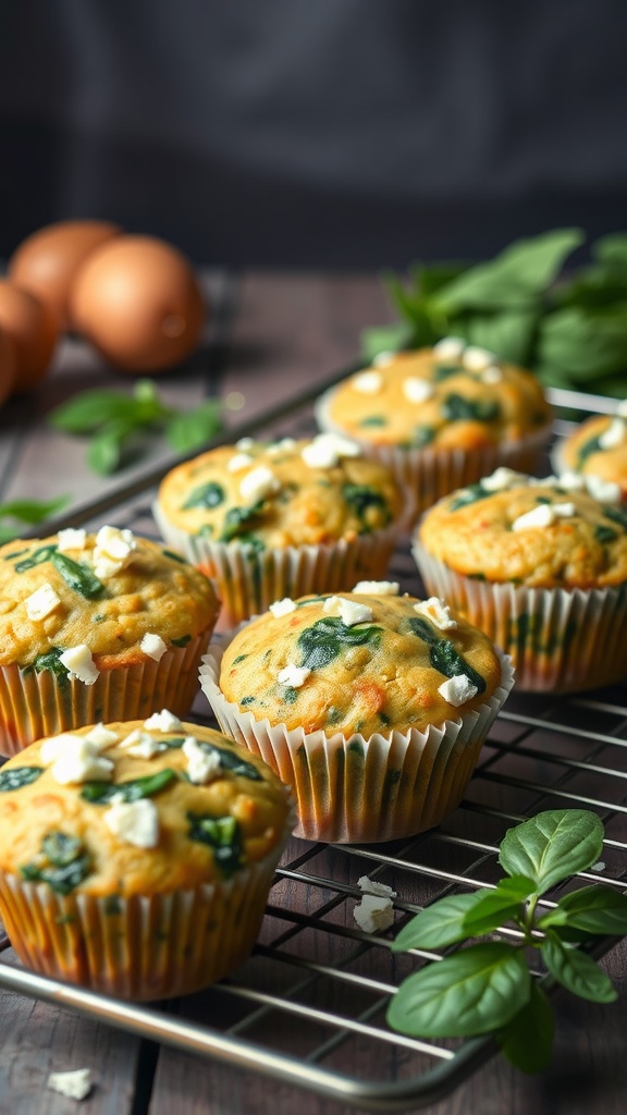 Savory spinach and feta muffins on a cooling rack with fresh ingredients.