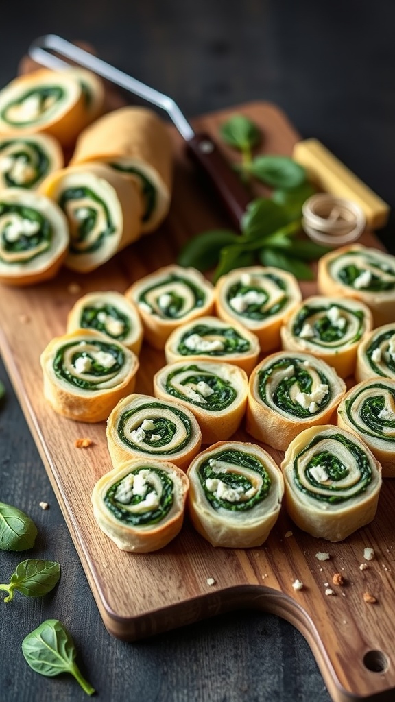 A platter of spinach and feta pinwheels arranged neatly on a wooden board.