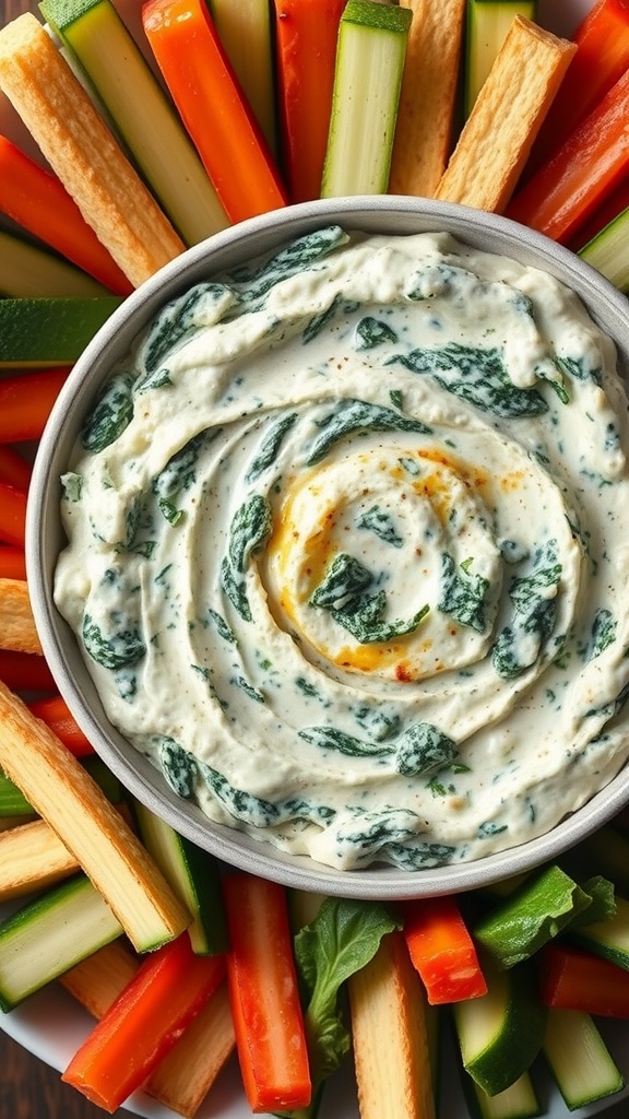 A bowl of spinach artichoke dip surrounded by colorful vegetable sticks.