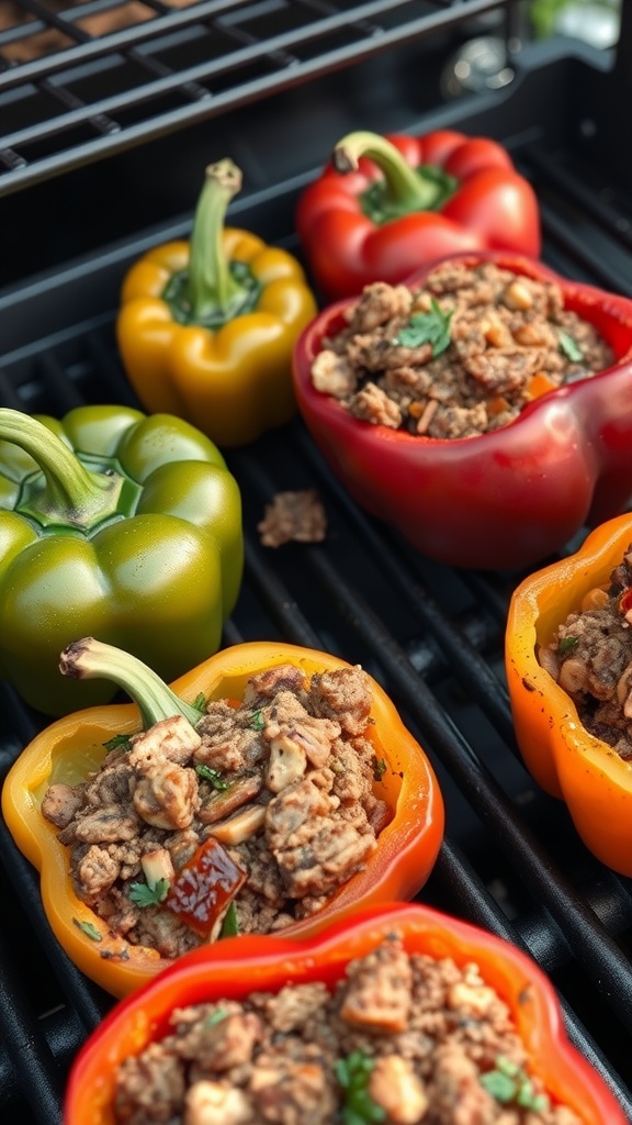 Colorful stuffed bell peppers on a grill.