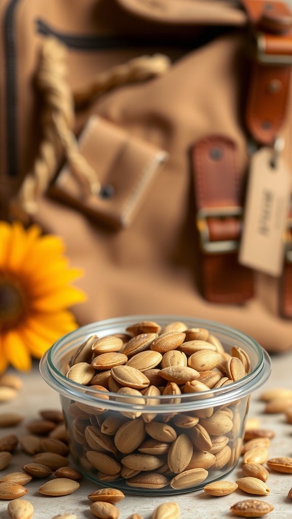 A clear container filled with sunflower seeds, placed near a brown backpack and a sunflower.