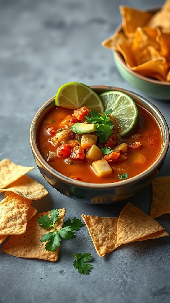 A bowl of taco soup garnished with lime and cilantro, surrounded by tortilla chips.