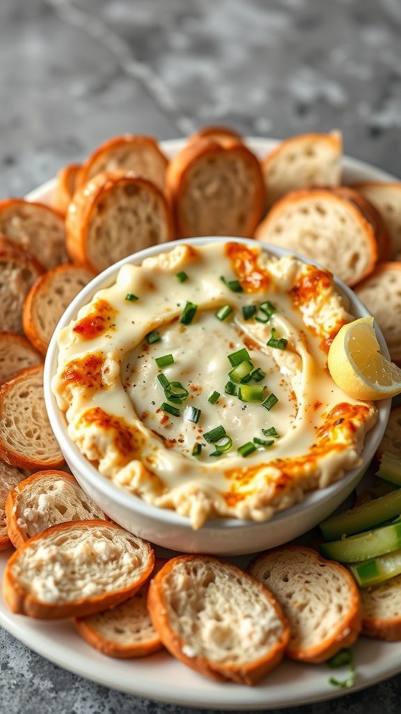 A bowl of creamy tuna melt dip surrounded by slices of bread and lemon wedges.