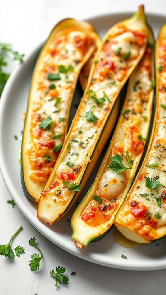Zucchini boats filled with cheese and herbs on a plate