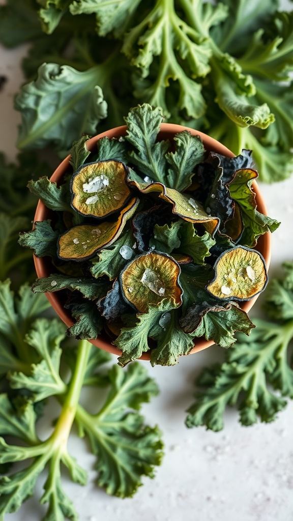 A bowl of sea salt and vinegar kale chips surrounded by fresh kale leaves.