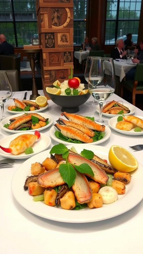 A beautifully arranged seafood platter with grilled salmon, crab, and vegetables in a dining setting.