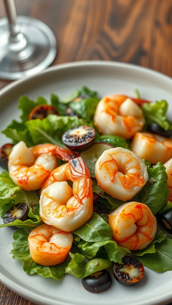 A seafood salad featuring shrimp, mixed greens, and olives on a plate.