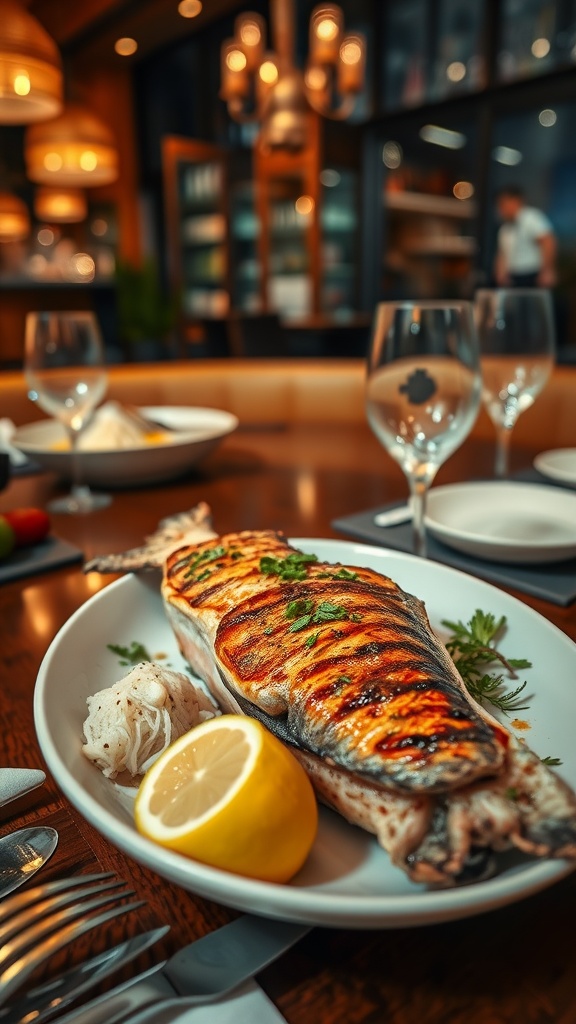 Grilled fish served with lemon and garnished with herbs on a restaurant table.