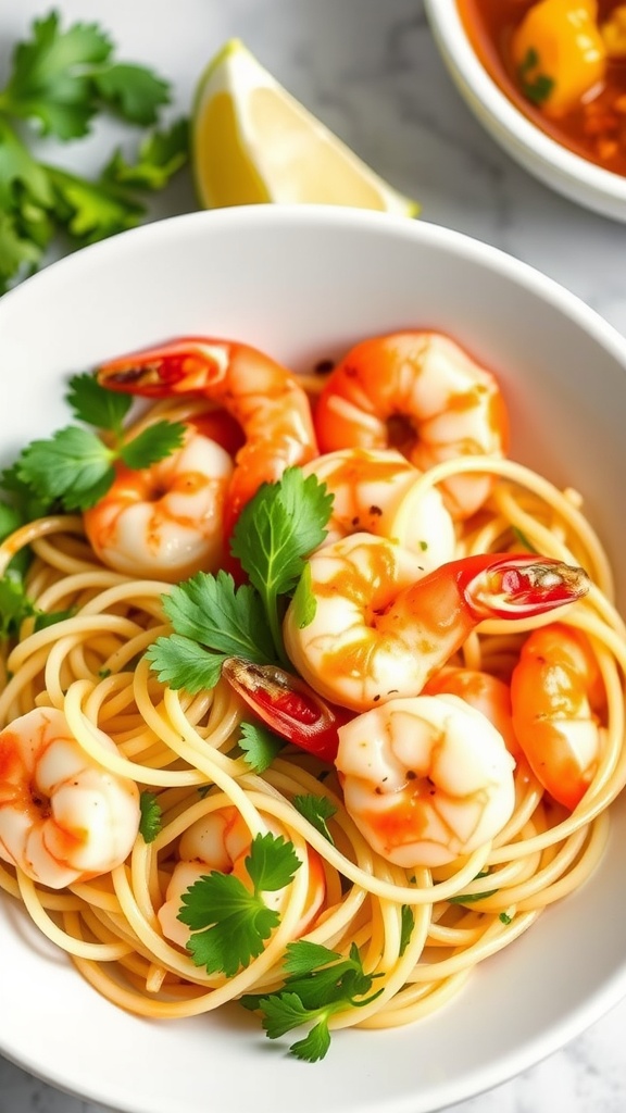 A delicious seafood zoodle bowl with shrimp, zoodles, and fresh herbs.