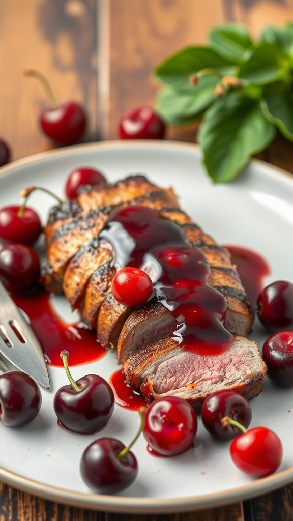 Seared duck breast sliced with cherry sauce and fresh cherries on a plate.