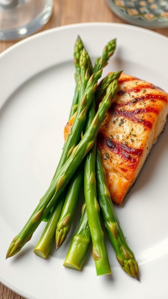 A plate of seared salmon accompanied by fresh asparagus.