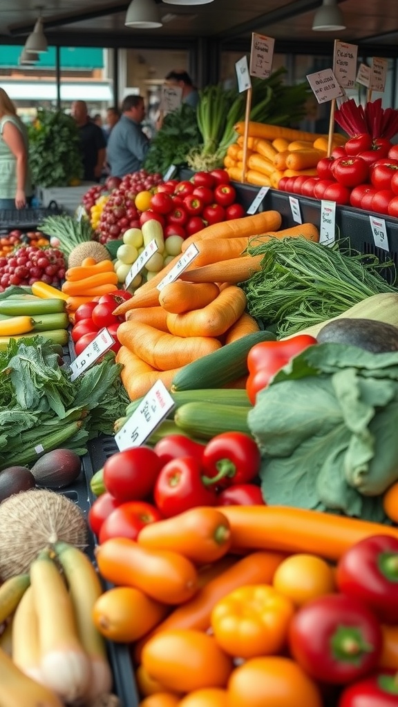 A vibrant display of seasonal produce including various vegetables and fruits at a market.