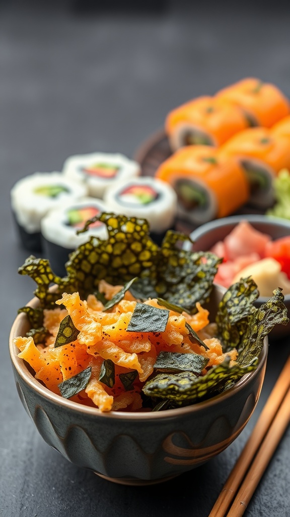 A bowl of colorful seaweed snacks with chopsticks and sushi in the background.