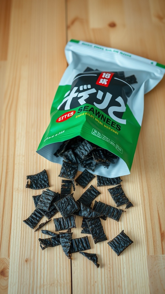 A bag of seaweed snacks with pieces spilled out on a wooden table.