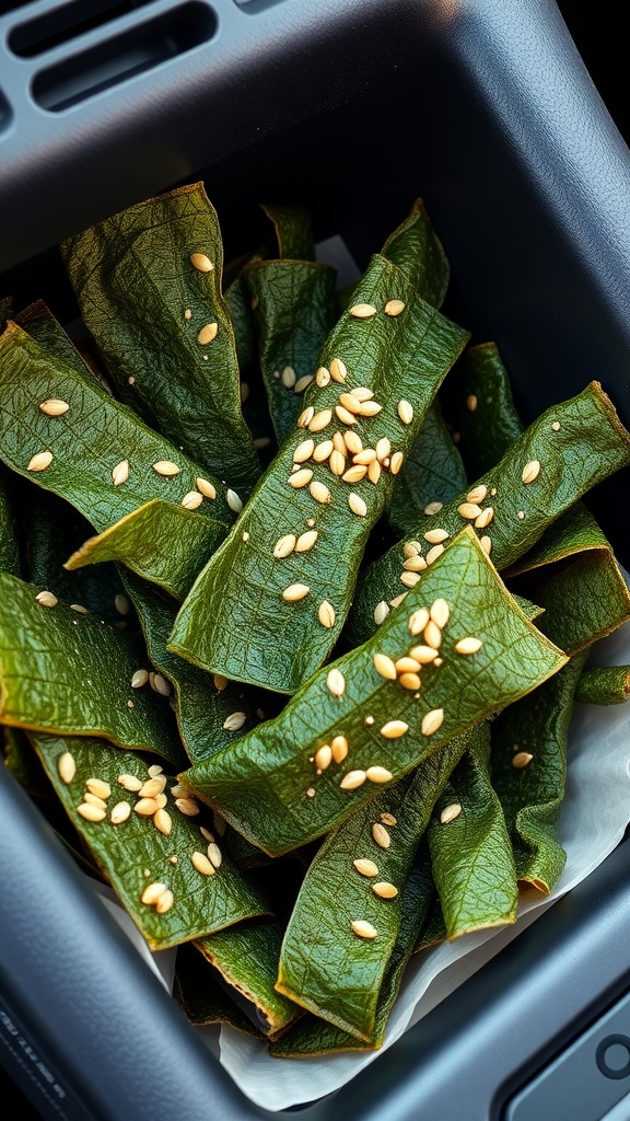 A close-up of seaweed snacks sprinkled with sesame seeds, neatly arranged in a container.