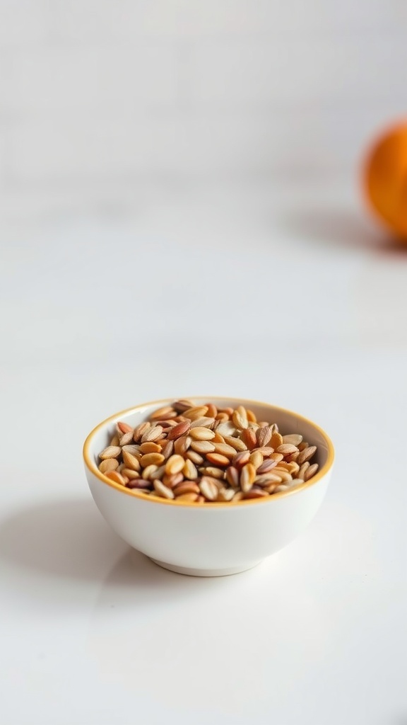 A bowl of assorted seeds on a white table.