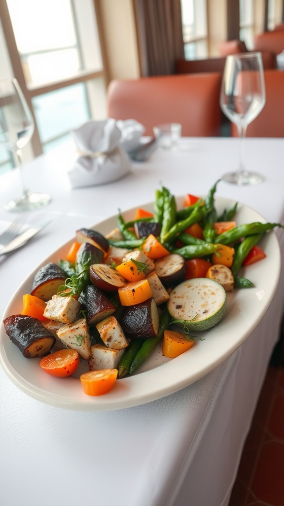 A plate of grilled vegetables including green beans, carrots, and other colorful veggies served in a cruise ship dining setting.