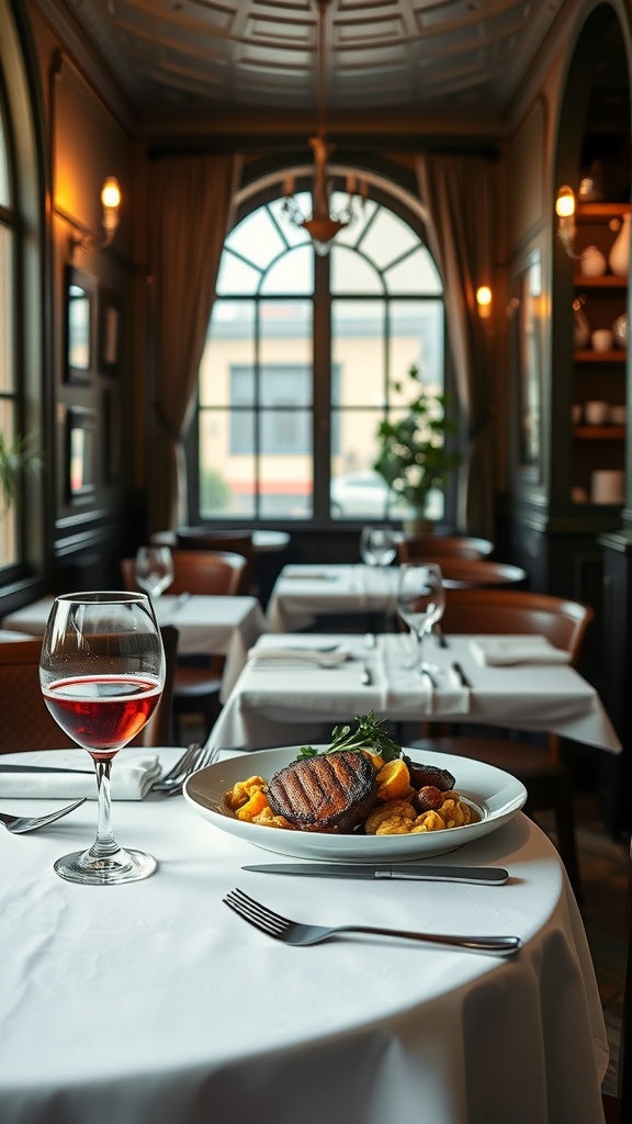 A beautifully arranged plate of grilled steak with vegetables, accompanied by a glass of red wine in an elegant French bistro setting.