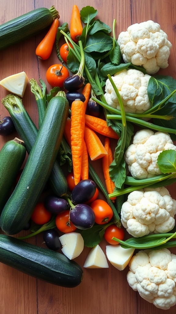 A colorful assortment of low-carb vegetables including zucchini, carrots, tomatoes, and cauliflower on a wooden surface.