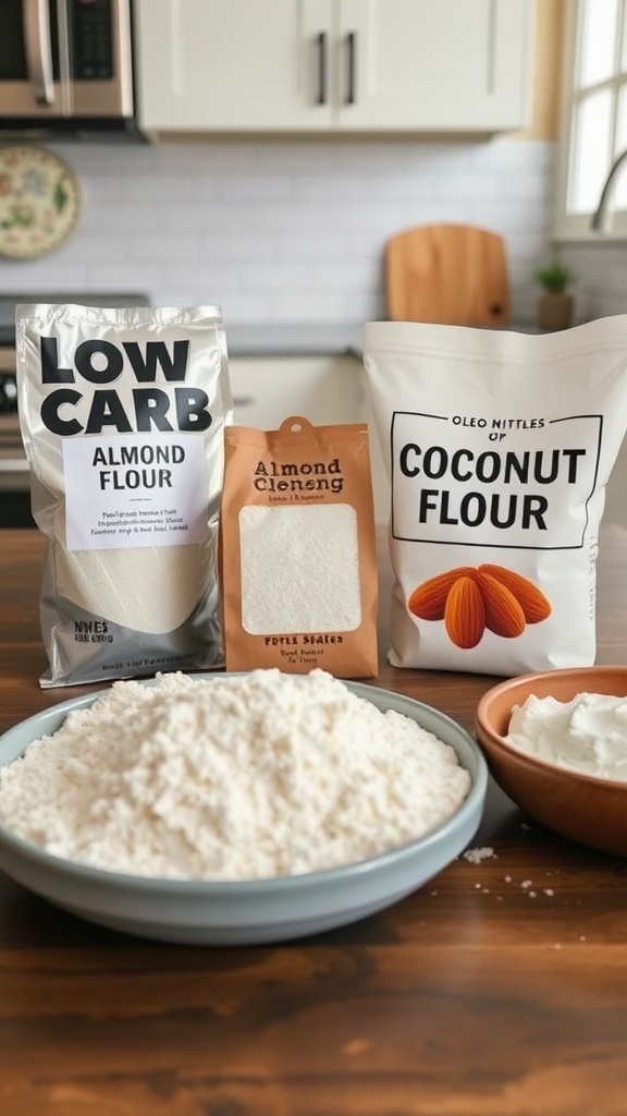 Various low-carb flours including almond flour and coconut flour displayed in a kitchen setting.