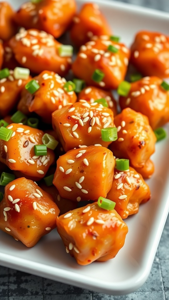A plate of sesame chicken bites garnished with sesame seeds and chopped green onions.