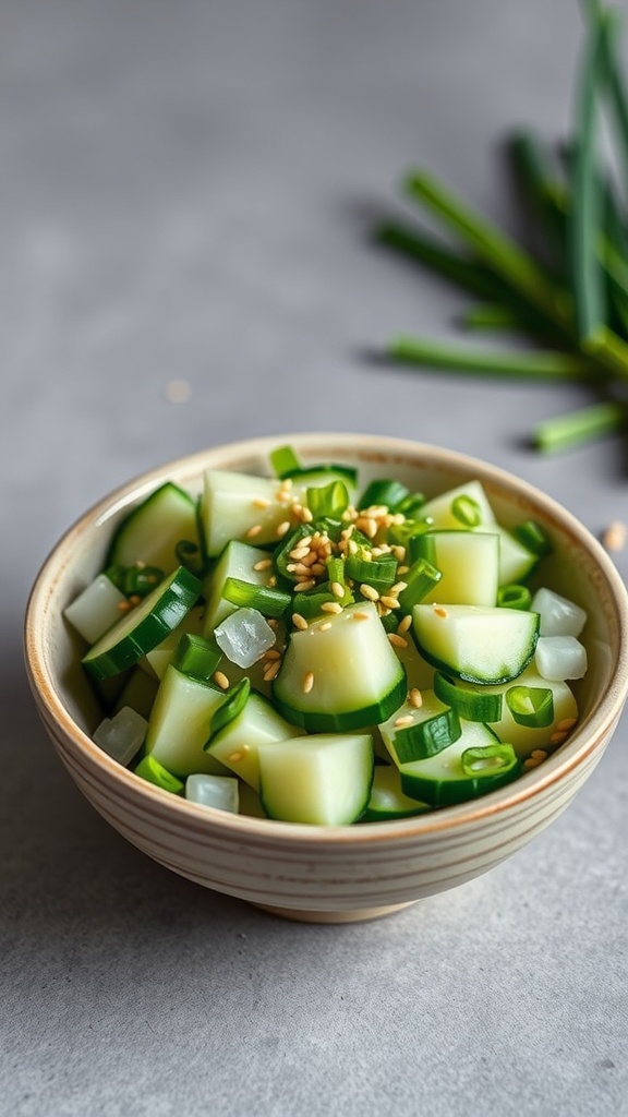 Bowl of sesame cucumber salad with sliced cucumbers, green onions, and sesame seeds.