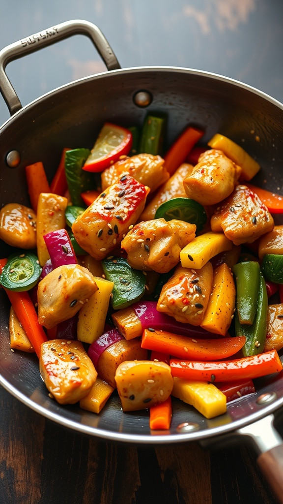 A vibrant sesame ginger chicken stir-fry with colorful vegetables in a pan.