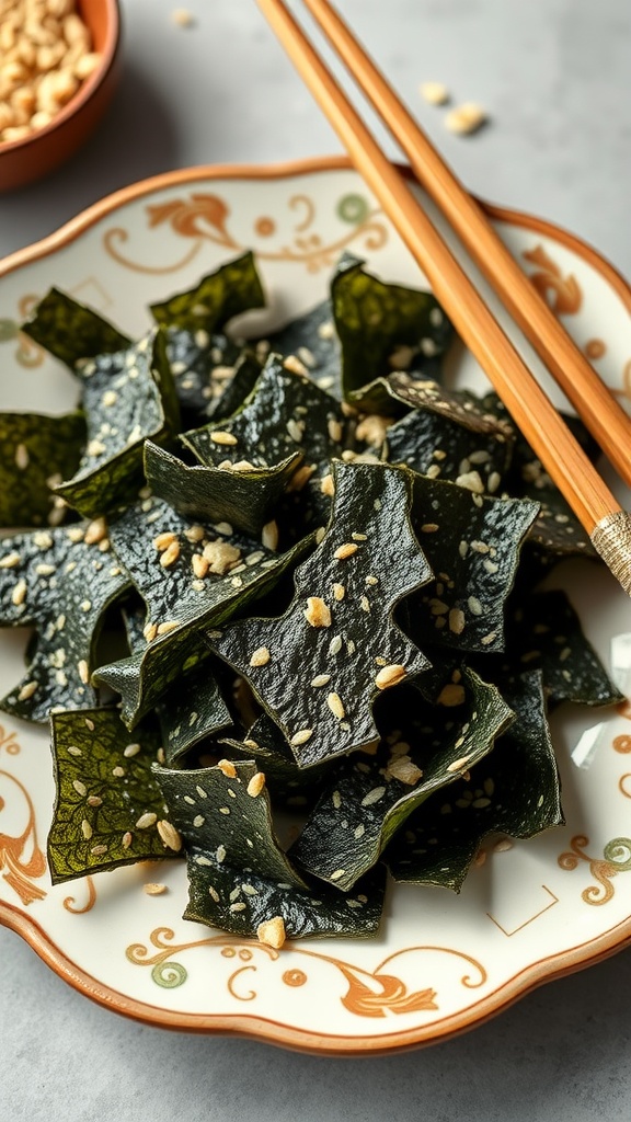 A plate of sesame seaweed snacks with chopsticks on the side.