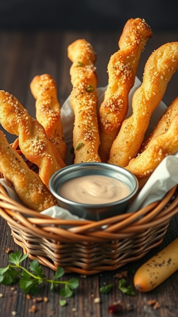 A basket of sesame seed breadsticks served with a dipping sauce