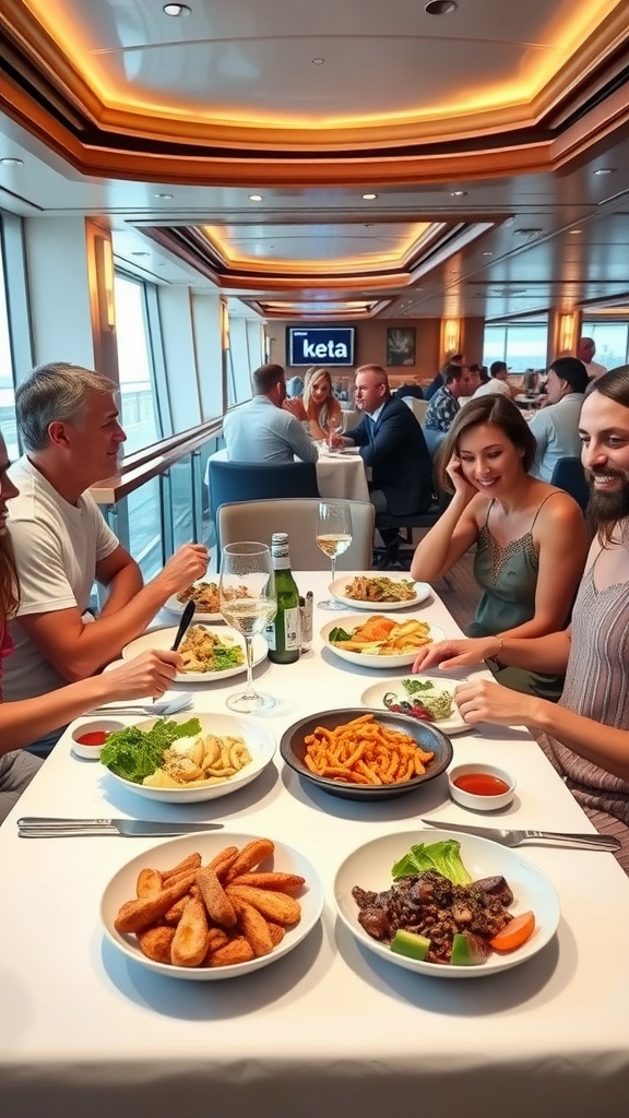 Group of friends sharing a variety of dishes at a dining table on a cruise ship.