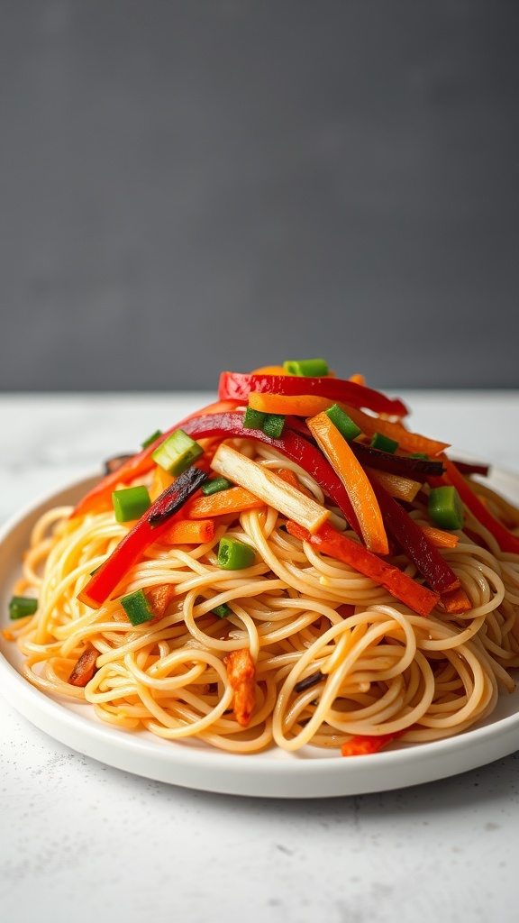 A plate of chow mein made with shirataki noodles, colorful bell peppers, and green onions.
