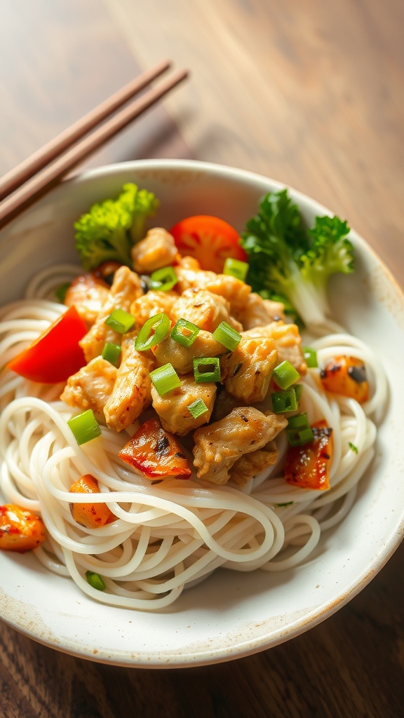 A bowl of shirataki noodles topped with chicken, vegetables, and green onions.