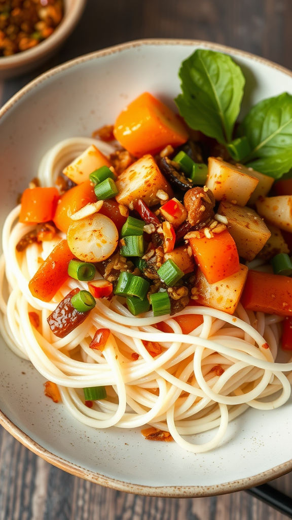 A bowl of Shirataki noodles topped with colorful vegetables.