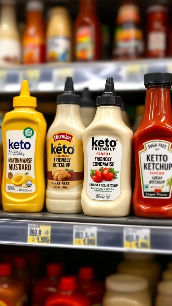 A supermarket shelf displaying various condiments labeled as keto-friendly.