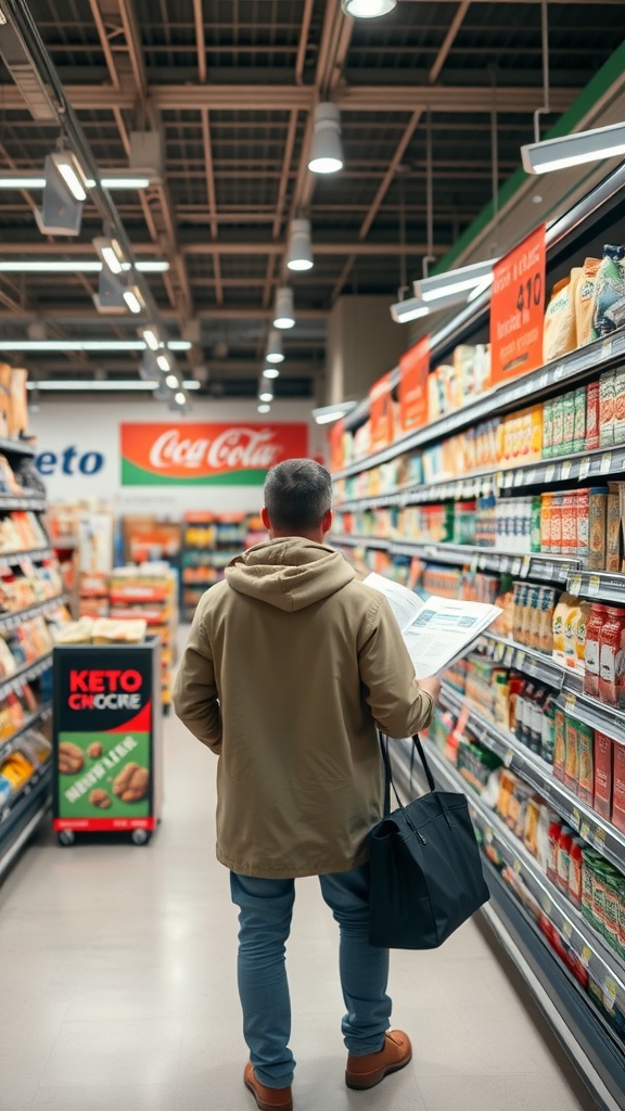 A person shopping in a grocery store aisle, looking at a shopping list, with keto products visible on the shelves.