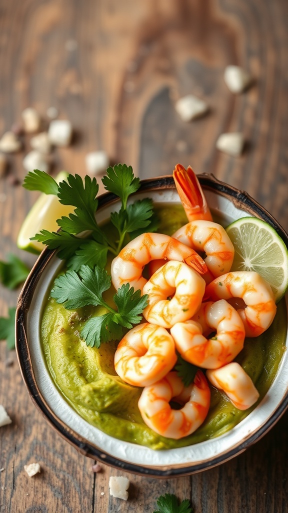 A bowl featuring shrimp on a bed of avocado with lime and parsley.