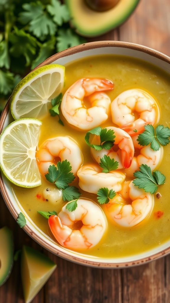 Bowl of Shrimp and Avocado Lime Soup garnished with lime slices and cilantro.