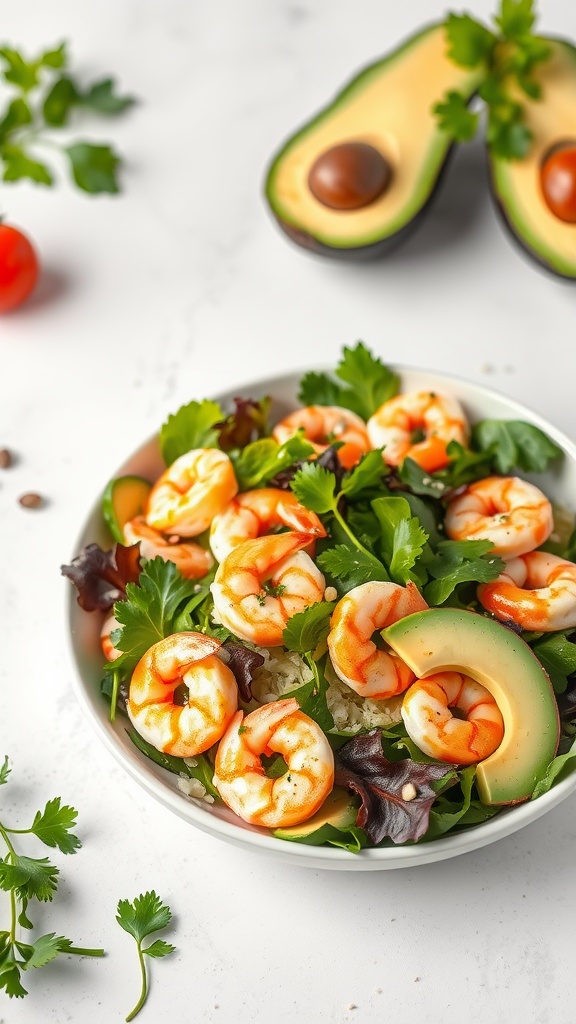 A bowl of shrimp and avocado salad with lemon and cilantro