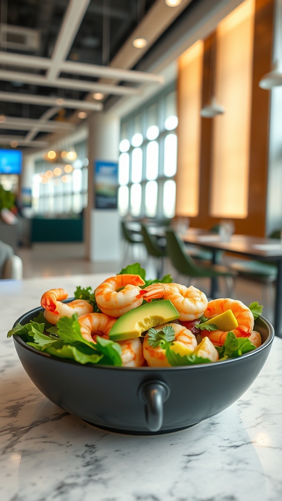 A bowl of shrimp and avocado salad on a marble table in an airport setting.