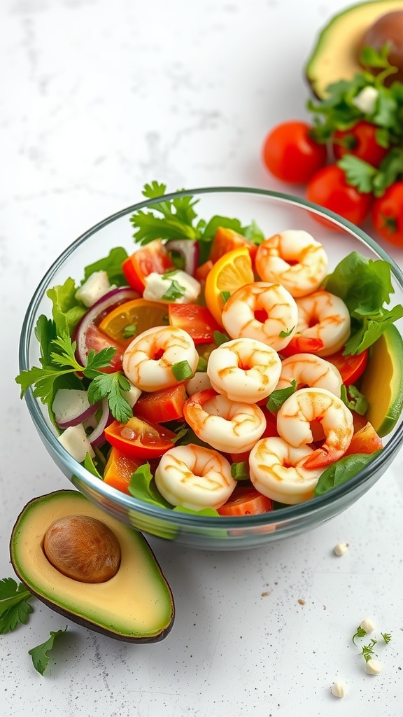 A vibrant shrimp and avocado salad with fresh vegetables.