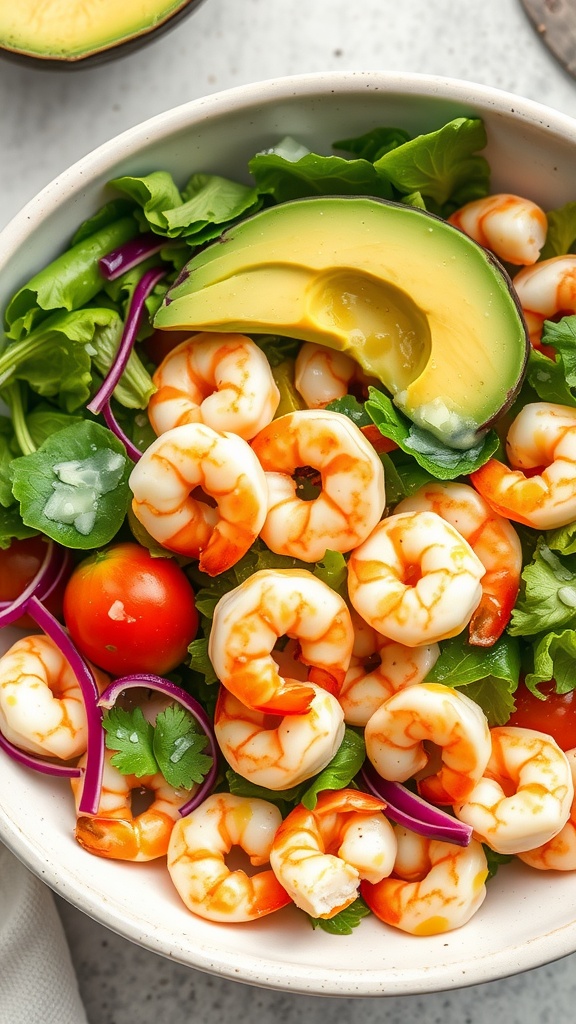 A vibrant shrimp and avocado salad in a bowl, garnished with greens and colorful vegetables.