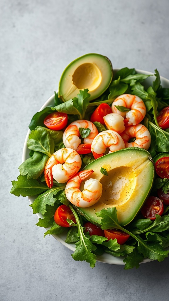 A fresh shrimp and avocado salad with cherry tomatoes and greens.