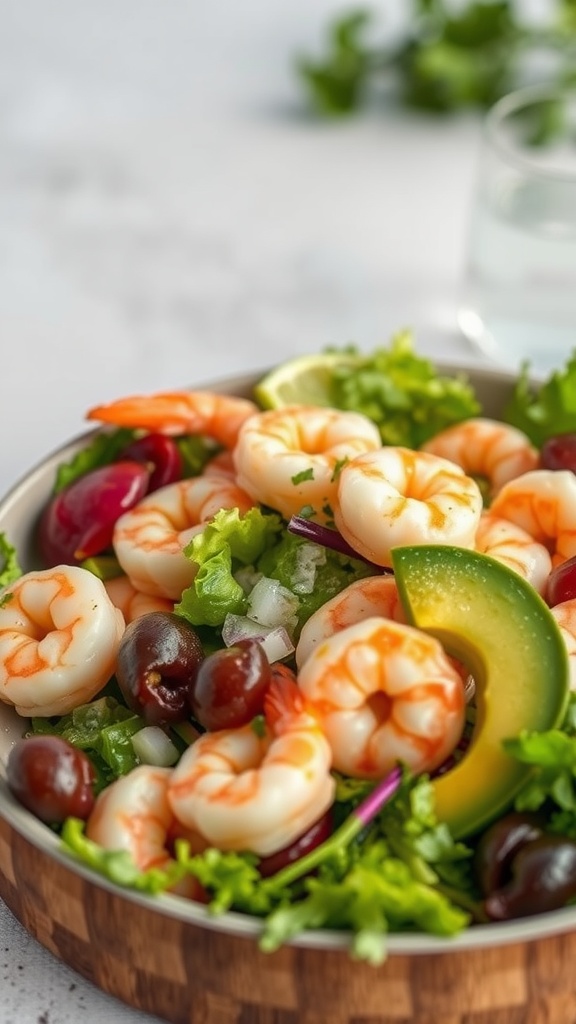 A vibrant shrimp and avocado salad with greens, grapes, and lime.