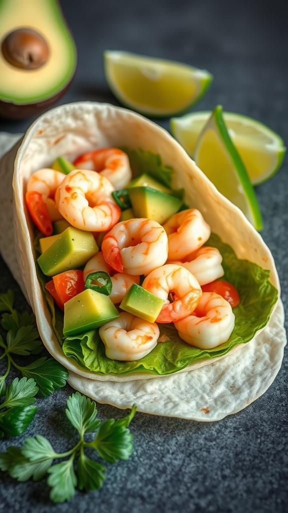 A shrimp and avocado salad wrap with lime and avocado slices