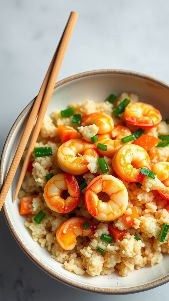 A bowl of shrimp and cauliflower rice stir-fry with vegetables and chopsticks.