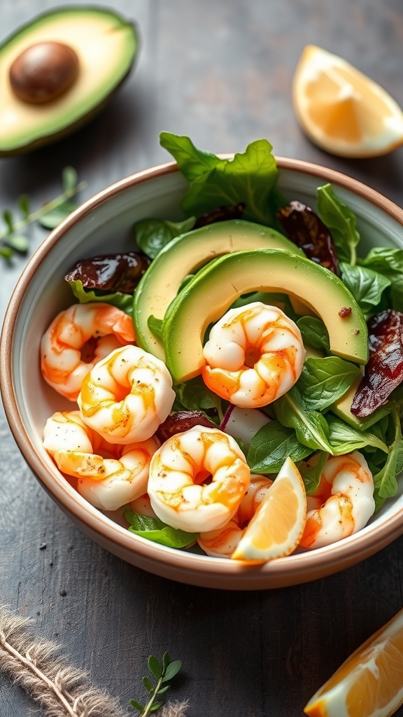 A bowl of shrimp avocado salad with greens and a lemon wedge.