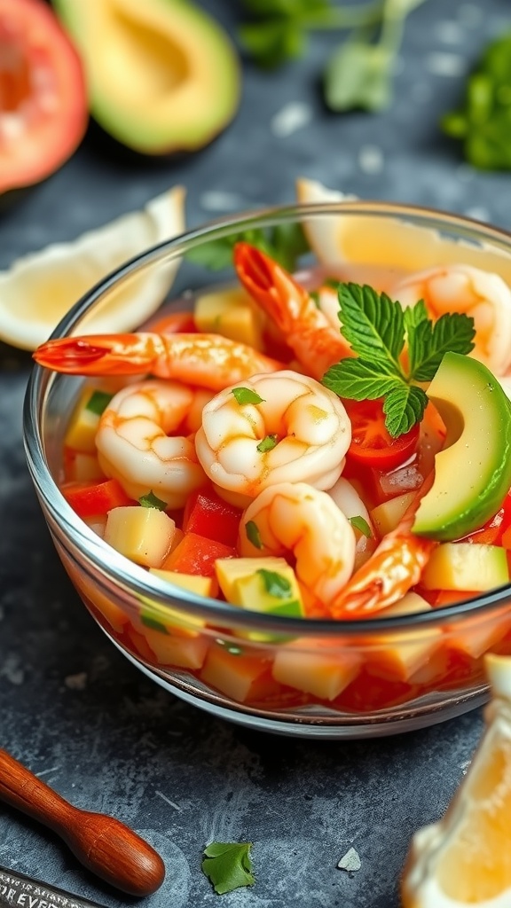 A bowl of shrimp ceviche with avocado slices and fresh ingredients.