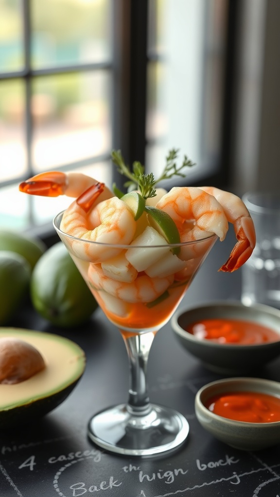 A glass of shrimp cocktail with avocado, garnished with lime and herbs, served with dipping sauce.