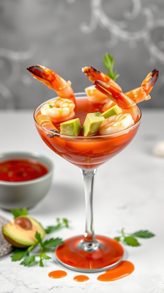 A shrimp cocktail with avocado in a glass, garnished with herbs, served with a bowl of cocktail sauce.